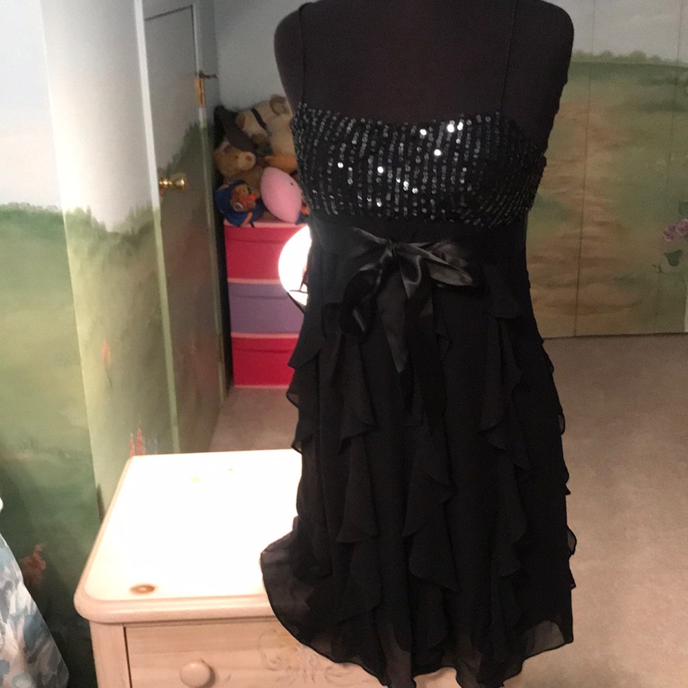 BCBG MaxAzria sequin and ruffle black dress